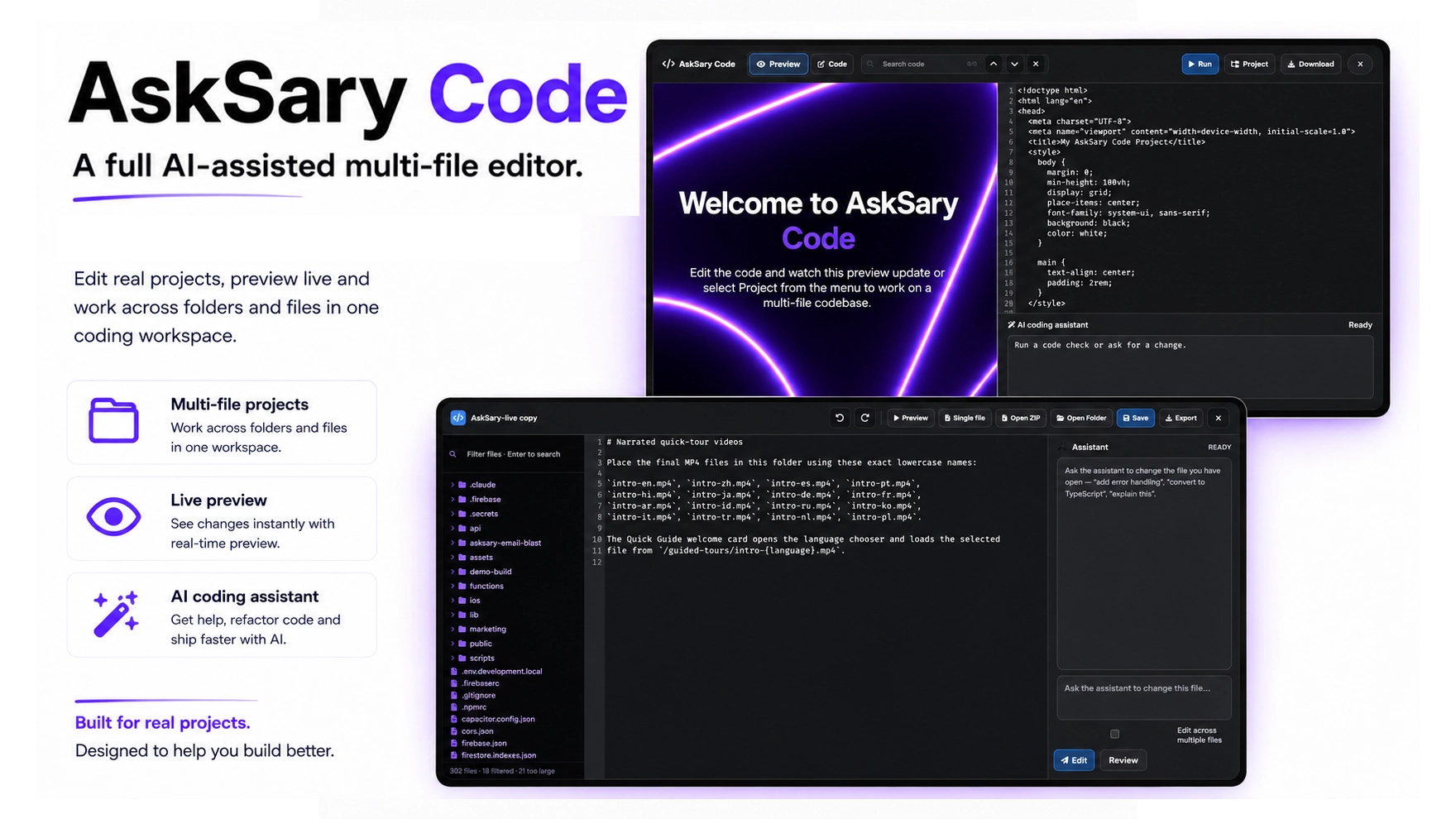 AskSary Code — a full AI-assisted multi-file editor with live preview and an AI coding assistant.