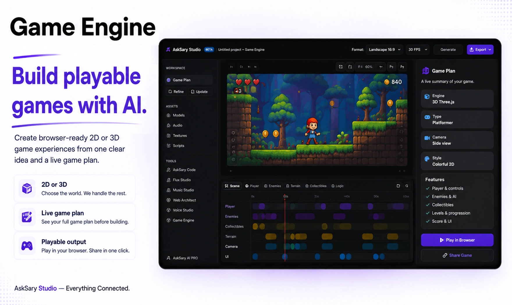 Game Engine — build playable browser-ready 2D and 3D games with AI and a live game plan.
