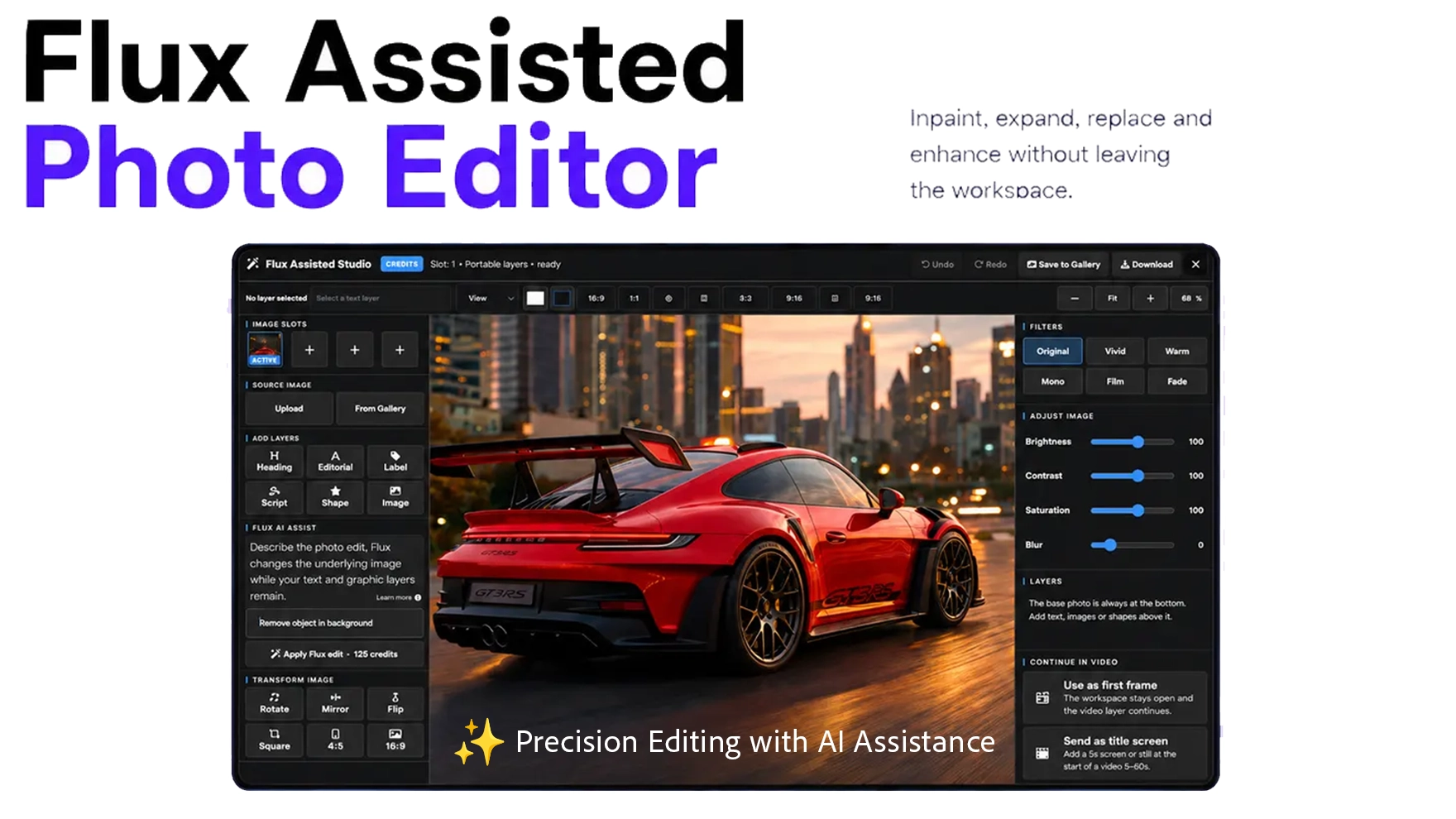 Flux Assisted Photo Editor — layer-based precision editing with AI inpaint, expand, replace and enhance.