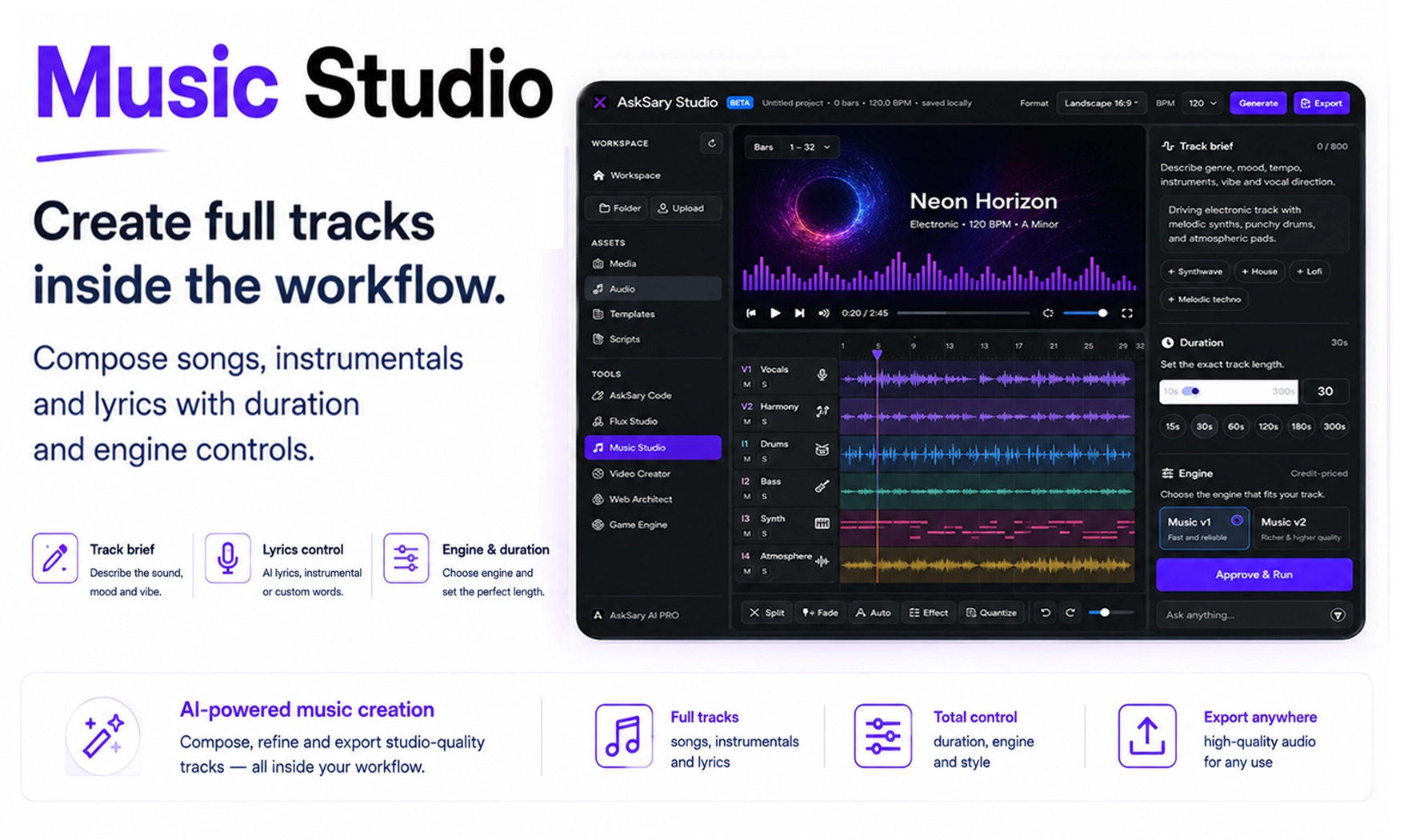 Music Studio — compose full tracks, instrumentals and lyrics with duration and engine controls on a multitrack timeline.