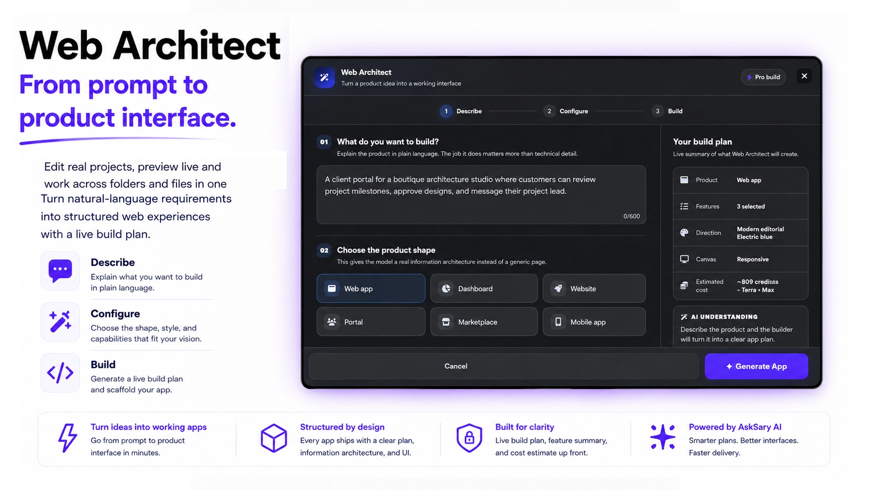 Web Architect — turn natural-language requirements into structured web apps with a live build plan.